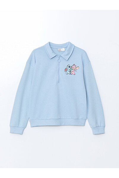 LC Waikiki Blue Polo Neck Printed Girls' Sweatshirt