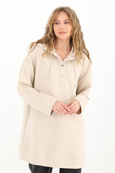 Puane Kadın Modal Kumaş Yarım ÇıtÇıt Kapama Kapüşonlu SweatShırt-Tunik 10603