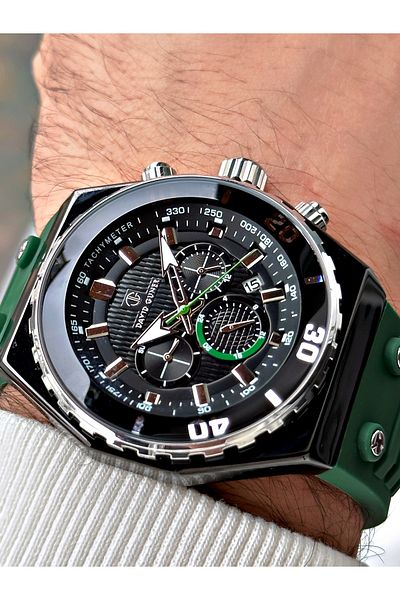 DAVID GUNER Men's Wrist Watch 8665B - Green Color, Function Silicone Band