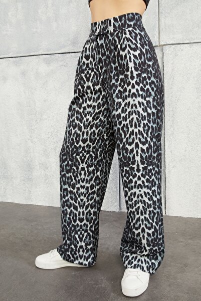 BILDEŞA Kadın Yüksek Leopar Bel Cırtlı Beli Palazzo Pantolon
