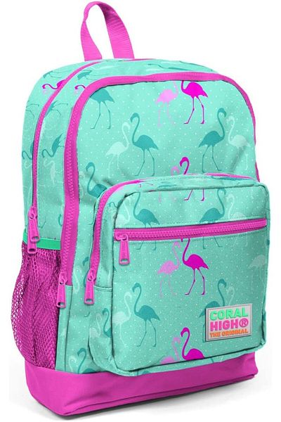 STOREMAX Ntwork High Primary School Backpack - Girl's Pink Green Flamingos - Four Compartments Art 108