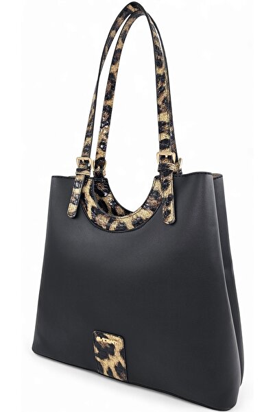 Evident Black Soft Textured Leopard Detailed Women's Bag with Adjustable Shoulder Strap