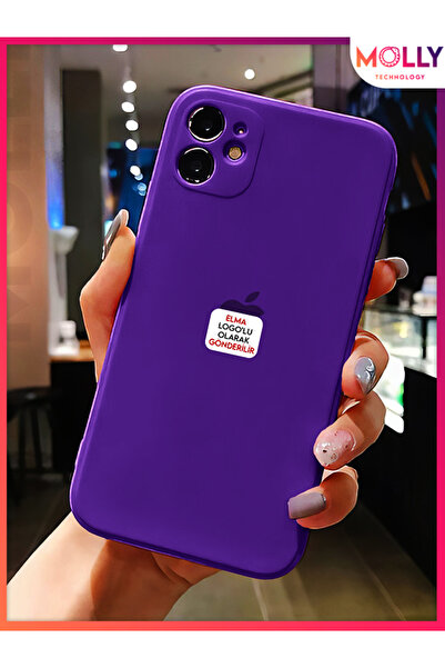 Molly iPhone 11 İçin Mor Elma Kare Köşeli Liquid İçi Kadife Silikon Kılıf