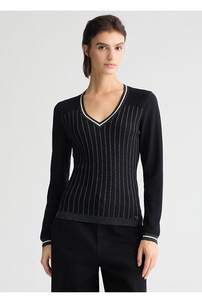 Liu Jo Pulover negru casual pentru femei, cu decolteu în V, cu mânecă lungă TA5034MS014-A4317