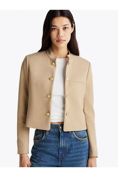 Tommy Hilfiger Women's Beige Slim Fit Jacket with Stand Collar and Button Detail Ww0Ww44607-0Gc