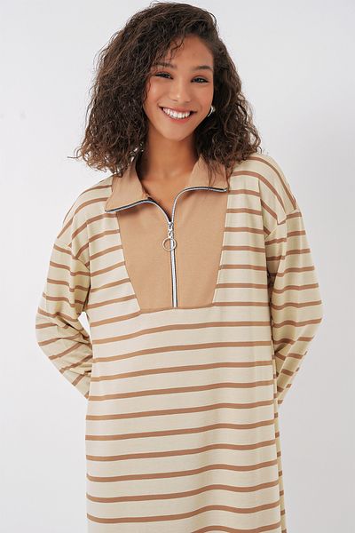Bigdart 55453 Damen-Langkleid mit Reißverschluss und Streifen – Beige
