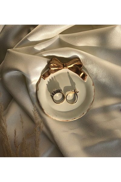 Hommark Decorative Gold Bow Jewelry Plate, Bow Coaster 10X10 Antique Detailed Plate