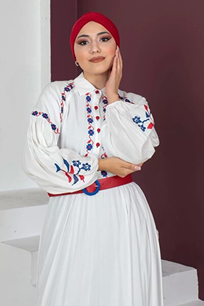 PHELDA Βαμβακερό φόρεμα με κέντημα και λεπτομέρεια ζώνης 747-Λευκό/Φούξια