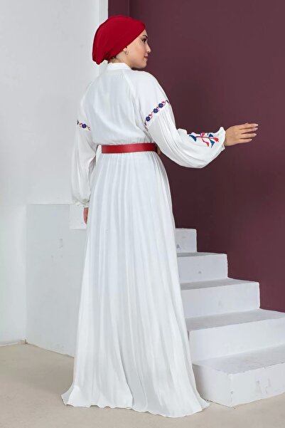 PHELDA Βαμβακερό φόρεμα με κέντημα και λεπτομέρεια ζώνης 747-Λευκό/Φούξια