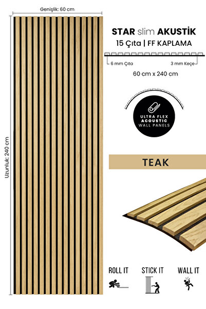 BURAMODA Star Slim Flex Akustik Duvar Paneli Ff Kaplama Teak Meşe 60x250 Cm -...