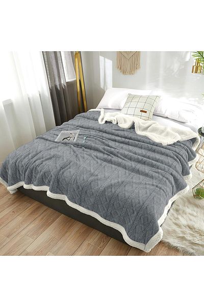 Fabienne Jacquard Sherpa Blanket Super King Size 220x240cm  Reversible Throw Blanket Grey