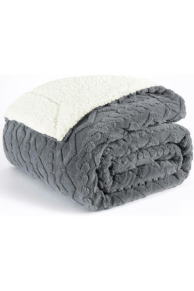 Fabienne Jacquard Sherpa Blanket Super King Size 220x240cm  Reversible Throw Blanket Grey