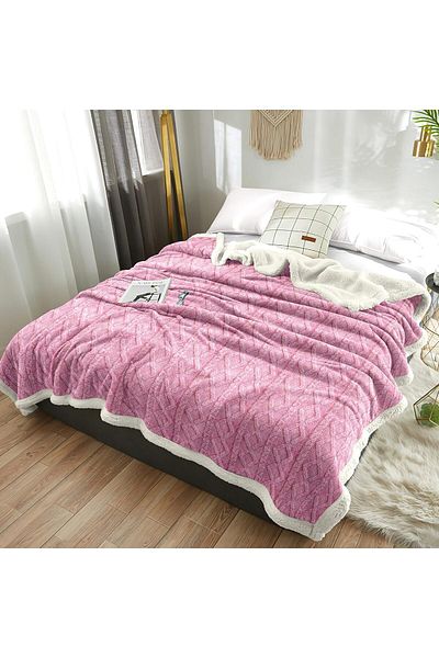 Fabienne Jacquard Sherpa Blanket Super King Size 220x240cm  Reversible Throw Blanket Pink