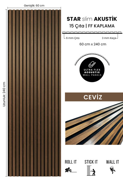BURAMODA Star Slim Flex Akustik Duvar Paneli Ff Kaplama Ceviz 60x250 Cm - Ses...