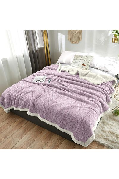 Fabienne Jacquard Sherpa Blanket Super King Size 220x240cm  Reversible Throw Blanket Lilac