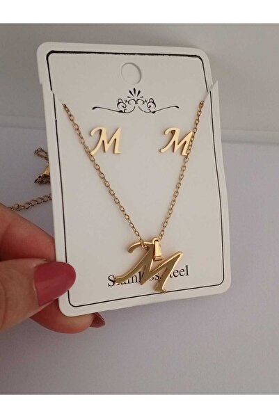 Ödül Moda Çelik M Harfli Gold Kolye Küpe Seti