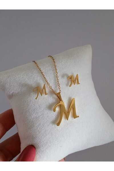 Ödül Moda Çelik M Harfli Gold Kolye Küpe Seti