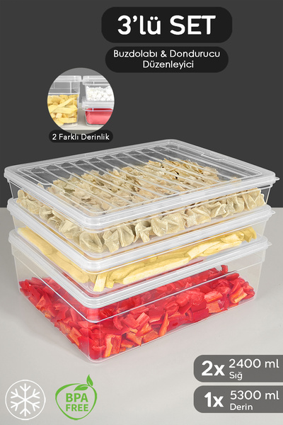 Meleni Home Set of 3 Deep and Shallow Food Storage Containers - Clear Cover Microwave Compatible Organizer XL
