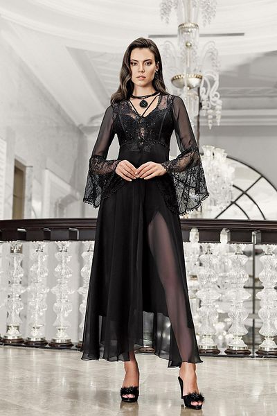 İmaj Image 3202 Black Color Satin Nightgown Tulle Lace 2-Piece Nightgown Set
