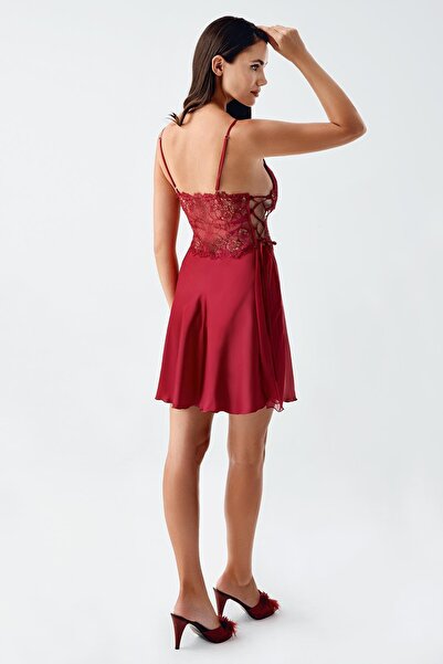 İmaj 4230 Burgundy Color Satin Lace Embroidered 2-Piece Nightgown Set