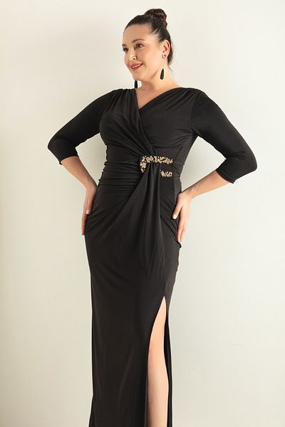 Lafaba Rochie de seară lungă, neagră, de damă, cu guler dublu, cu mânecă săracă