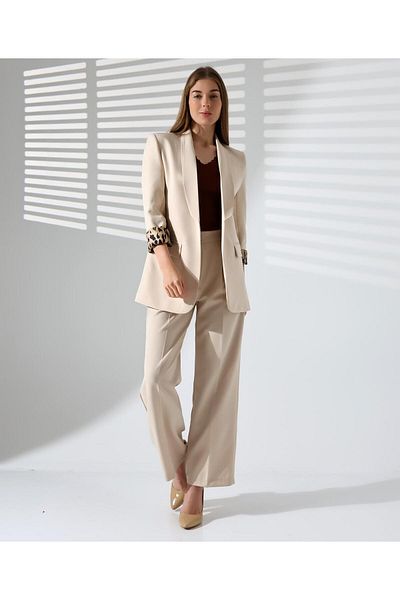 aytenli Oversize Διπλό Leopard Lined Long Blazer Jacket με τσέπες χωρίς κουμπιά
