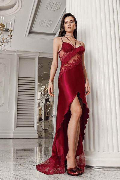 İmaj İmaj 3206 Set de 2 cămăși de noapte din tul transparent din satin de culoare burgundă