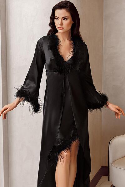 İmaj Image 4225 Black Color Satin Otrish Long 2-Piece Nightgown Set