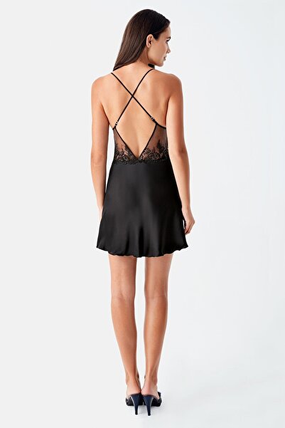 İmaj 104 Black Color Satin Spanish Sleeve 2-Piece Nightgown Set