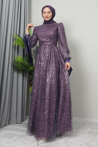 GİZ AGİYİM Dark Lilac Betül Hijab Evening Dress