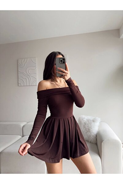 Zoom Butik Madonna Yaka Pileli Elbise - ACI KAHVE