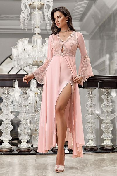 İmaj İmaj 3202 Powder Color Satin Nightgown Tulle Lace 2-Piece Night Set