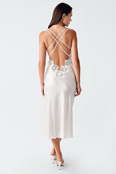 İmaj İmaj 4250 Ecru Color Satin 2-Piece Nightgown Dressing Gown Set