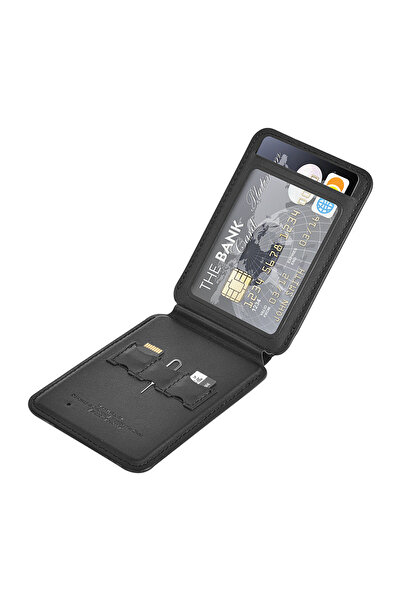 WIWU FindMy Özellikli Magnetik Standlı Kartlık Wiwu MW-005 Qi Kablosuz Şarj Uyumlu Mag Wallet Siyah