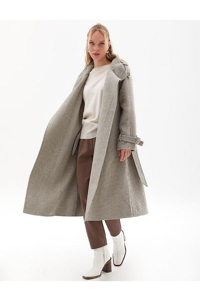 Kayra Γκρι Premium μάλλινο παλτό με σχέδιο Houndstooth