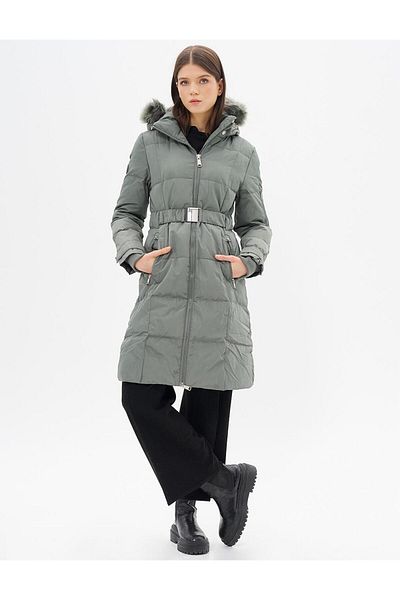 Kayra Mildew Green Hooded and Feather Padded Coat
