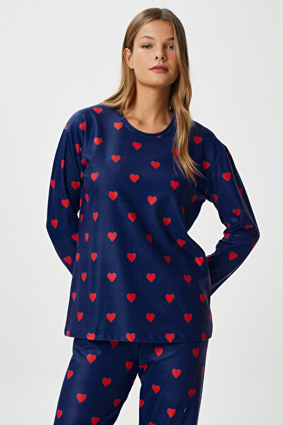 Ritnice Kadın Ely Premium Bisiklet Yaka Lacivert Kalp Süet Doku Yılbaşı Pijama Takımı