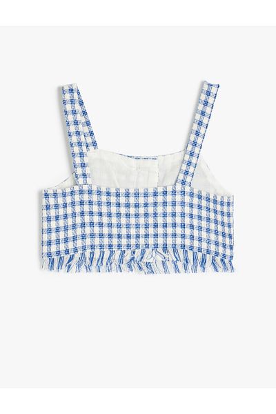 Koton Square Neck Plaid Print Tweed Crop Blouse