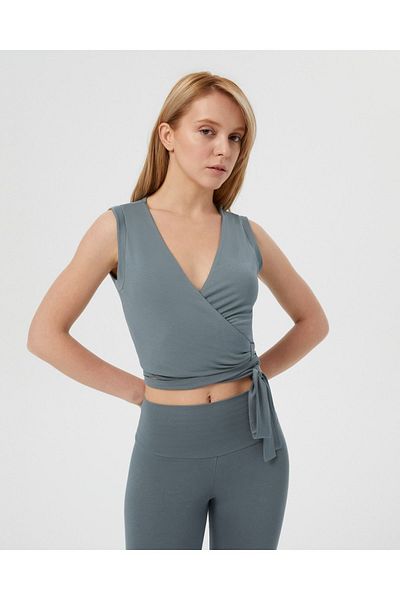 Ayma Active Bluză crop fără mâneci, cu talie înfășurată, gri albastru