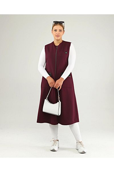 Ferace Large Size Leather Long Vest with Pockets - Plum
