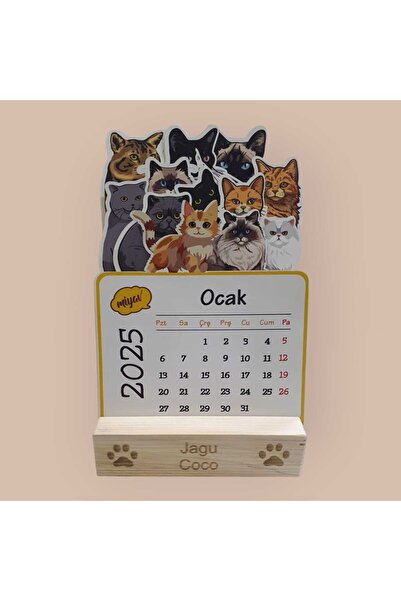 Es3Dream Ahşap ayaklı özel tasarım 2025 kedili masa takvimi