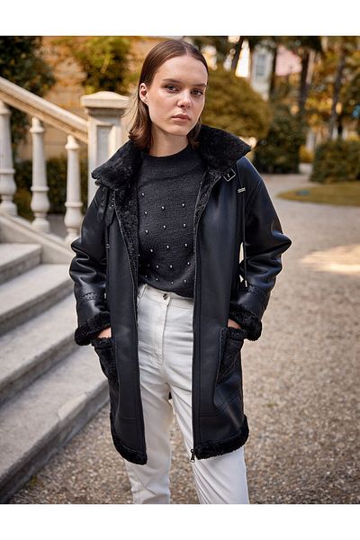 Kayra Μαύρο Faux Leather - Παλτό με γιακά