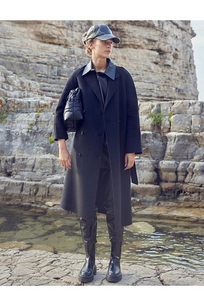 Kayra Μαύρο Premium Wool Raglan - Παλτό με ζώνη μανίκι
