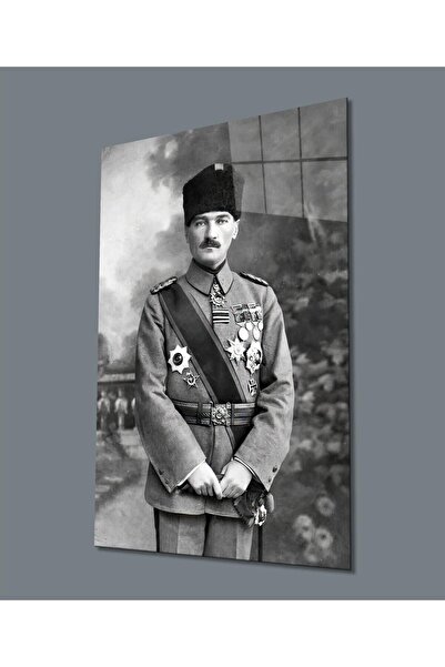 idealizbiz Ataturk în uniformă, pictură pe sticlă albă neagră, cadou, pictură...