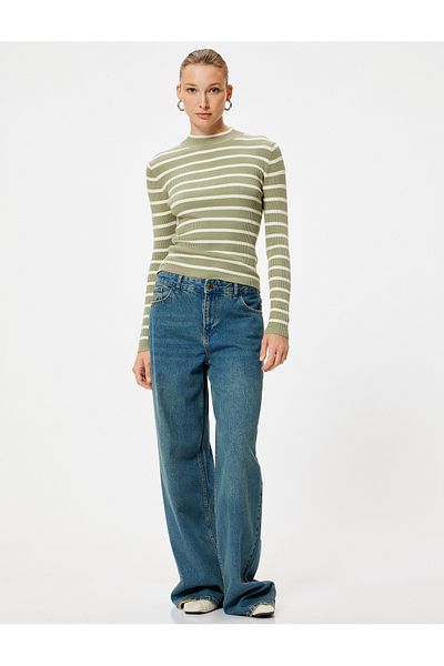 Koton Ribbed Knitwear Sweater - Lightweight, Stand Collar, Long Sleeve