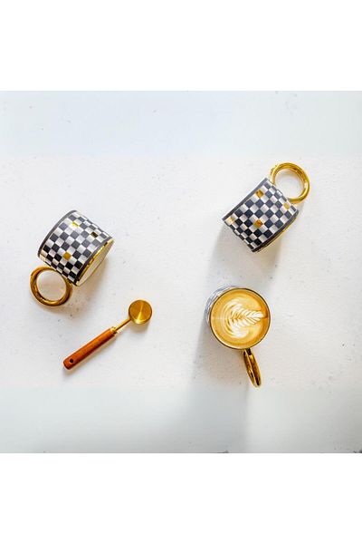 MİEN Mien Durable Patterned Porcelain Checkered Mug with Ring Handle 1 Piece