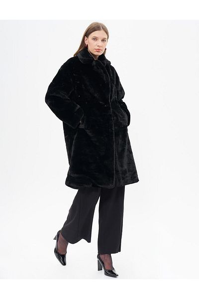 Kayra Black Plush Coat - Stone Detailed