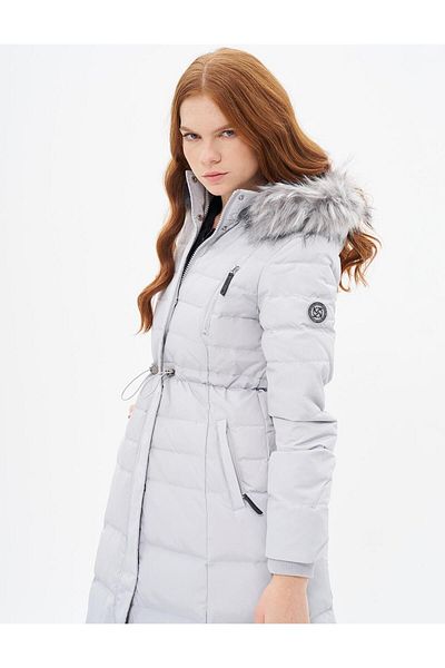 Kayra Goose Feather Padded Waist Drawstring Coat Light Gray