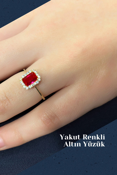 Hepimitu Yakut Renkli Taşlı Altın Yüzük 14 Ayar