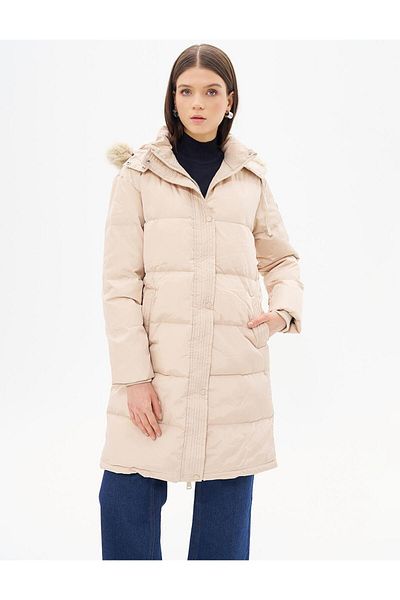 Kayra Cream Colored Goose Feather Padded Hooded Coat